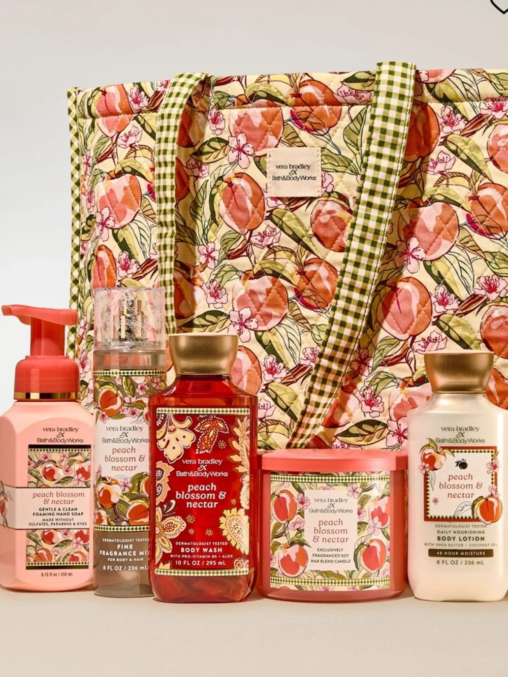 Bath & Body Works Vera Bradely Peach Blossom & Nectar 6 Piece  Bag Gift Set,